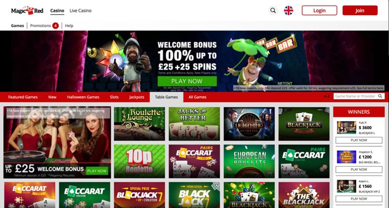 Desktop layout of Magic Red Casino's website